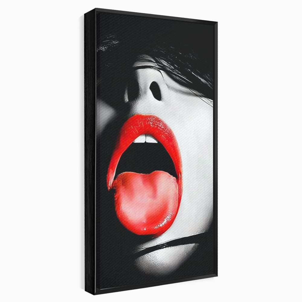 Tablou canvas cu tablou canvas cu buze si limba rosie, in rama de aluminiu negru